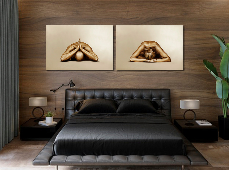Set of two golden nude yoga wall art prints – male and female in child pose on beige background.