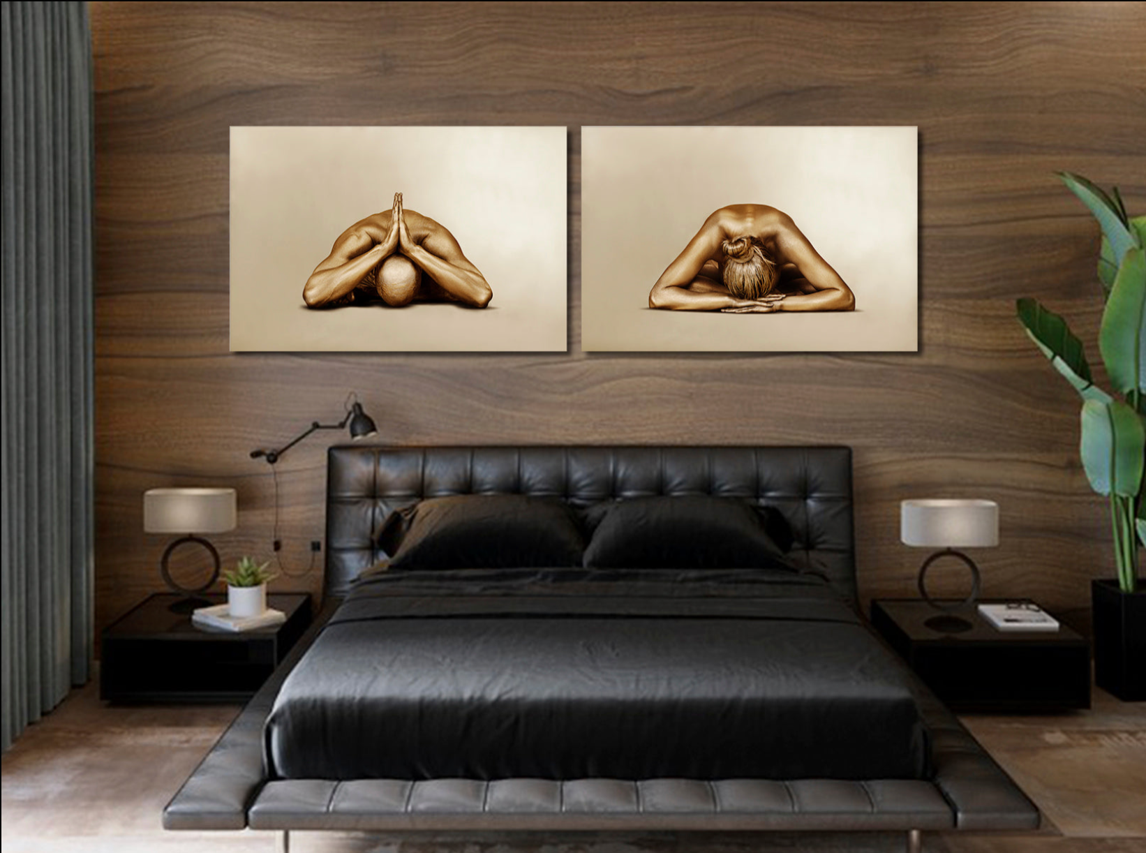 Mockup showing two golden yoga wall art prints above bed – abstract spiritual postures.