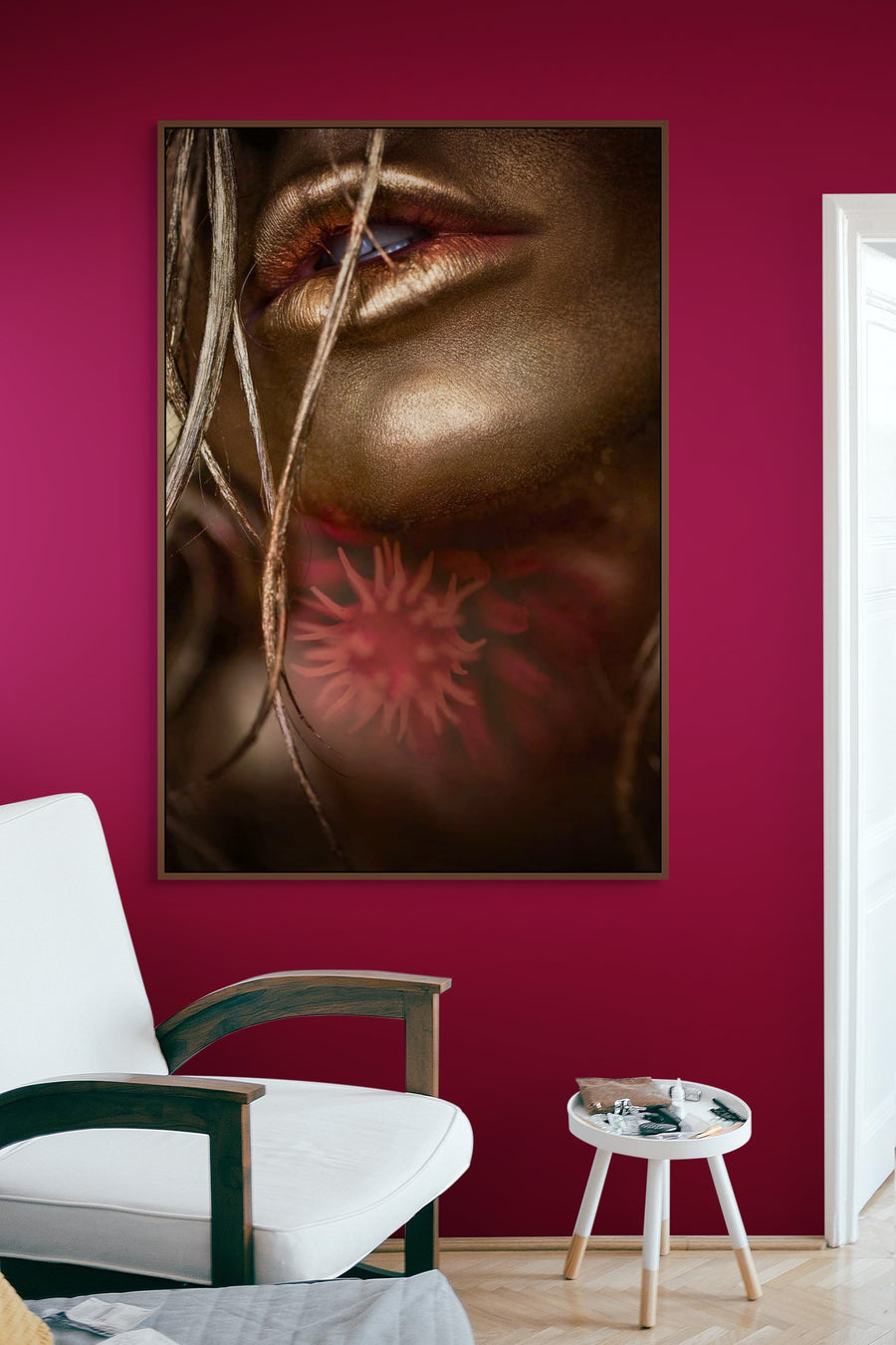 Close-up fine art photography of golden-painted lips with soft strands of hair, overlaid with a delicate red flower symbolizing passion, sensuality, and artistic elegance.
This format will help your Shopify store listing by combining descriptive keywords (golden, lips, sensual, fine art, floral, passion) with an engaging alt text that supports both accessibility and SEO.