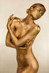 Golden-painted silhouette in an ecstatic, graceful close-up pose — fine art wall decor by Zack Zublena, blending elegance with luminous gold tones.