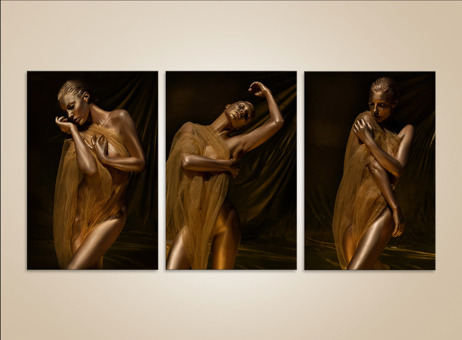 Golden silhouette goddess triptych wall art – luxury fine art photography with draped golden fabric