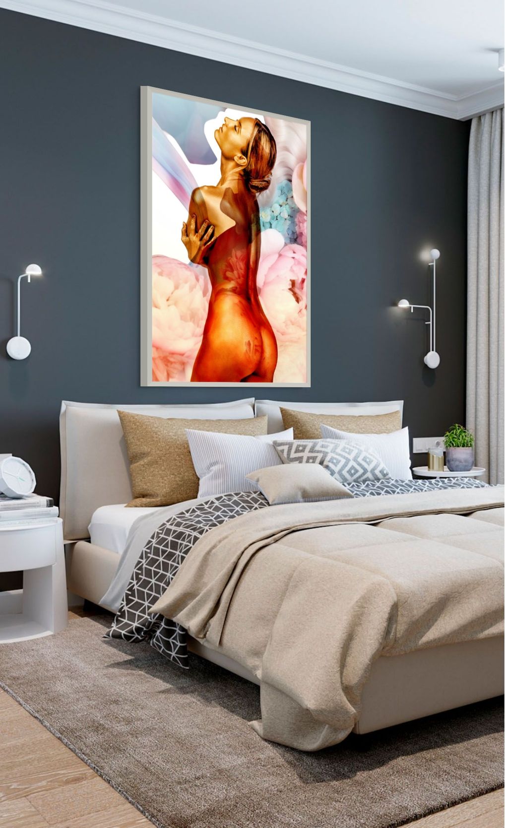 Golden silhouette fine art photography with dreamy pastel clouds and floral details, luxury wall art for bedrooms, living spaces, and contemporary interiors.