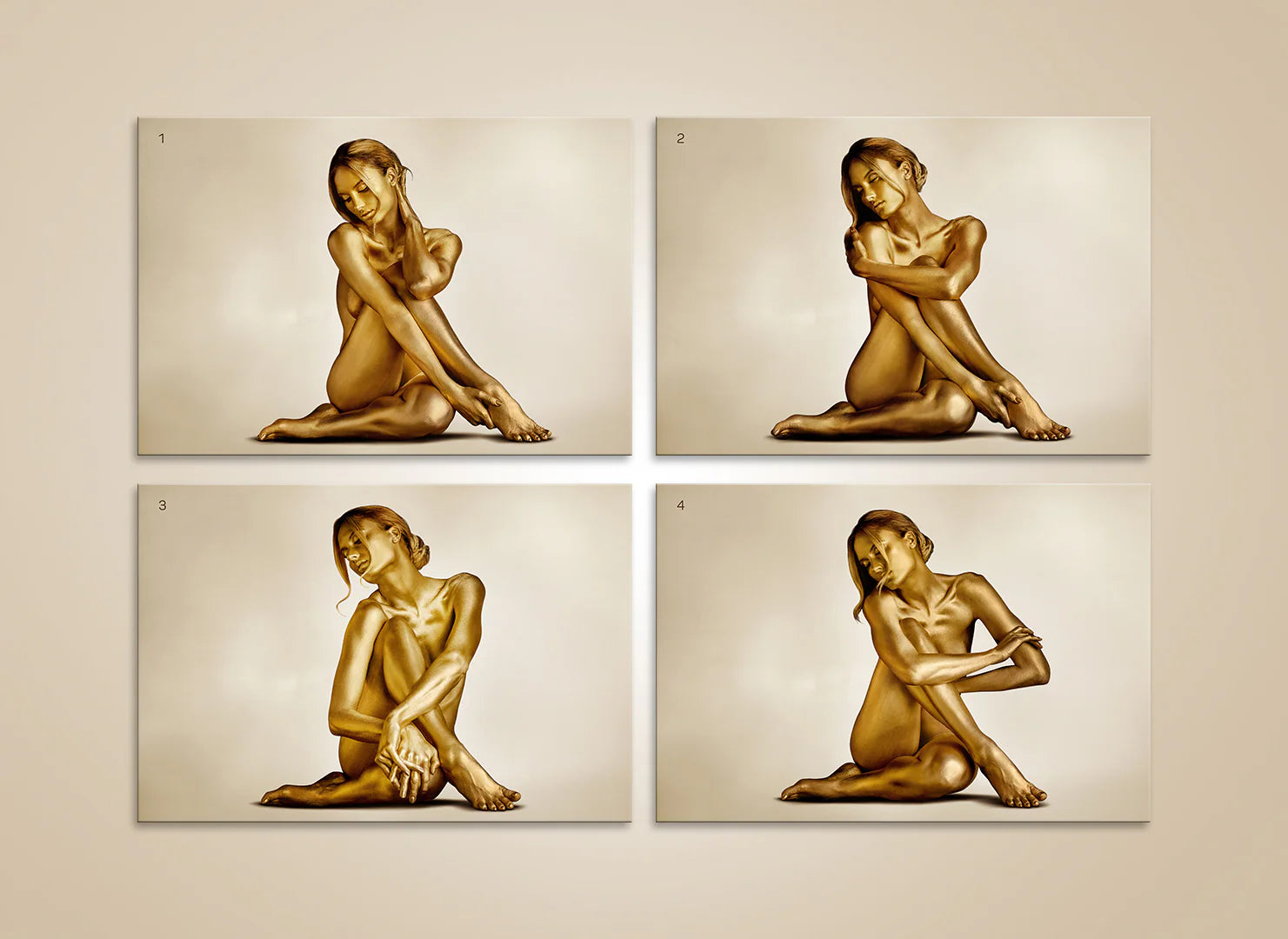 Golden-painted figure in four elegant seated poses, fine art photography by Zack Zublena – luxury golden silhouette wall art for collectors and interiors.