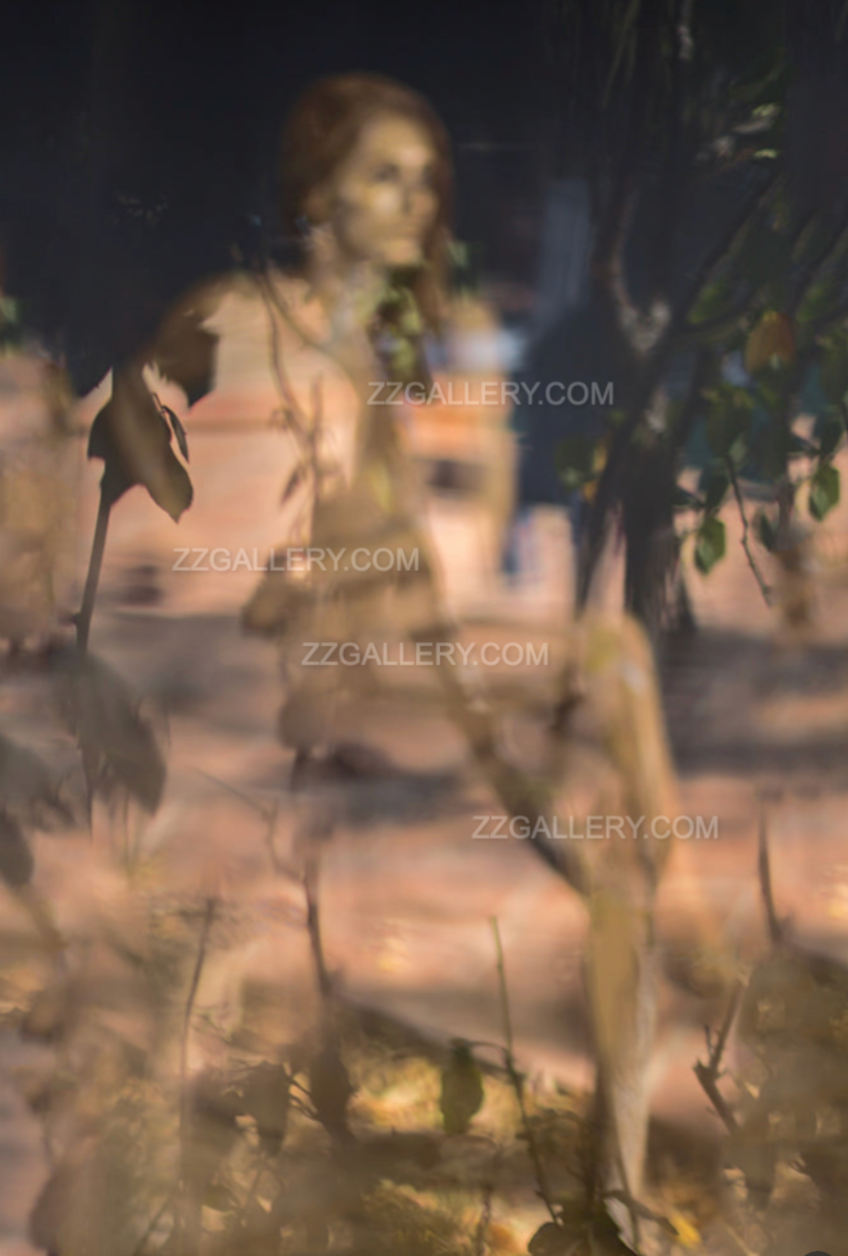 Golden silhouette seen through leaves in soft reflection, blending body and nature in luxury fine art photography for hotels, spas, and collectors.
