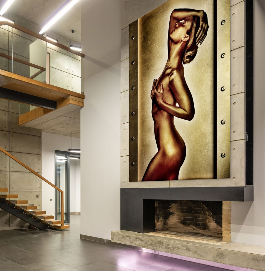 Golden silhouette fine art photography of a woman in profile, shimmering in metallic tones against a textured gold background. Luxury wall art for contemporary interiors and collectors.