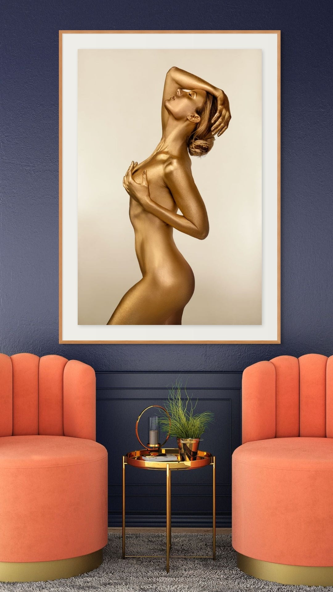 Golden-painted silhouette in a graceful side pose, captured in an artistic composition that highlights elegance, harmony, and sculptural form – fine art wall decor by Zack Zublena.