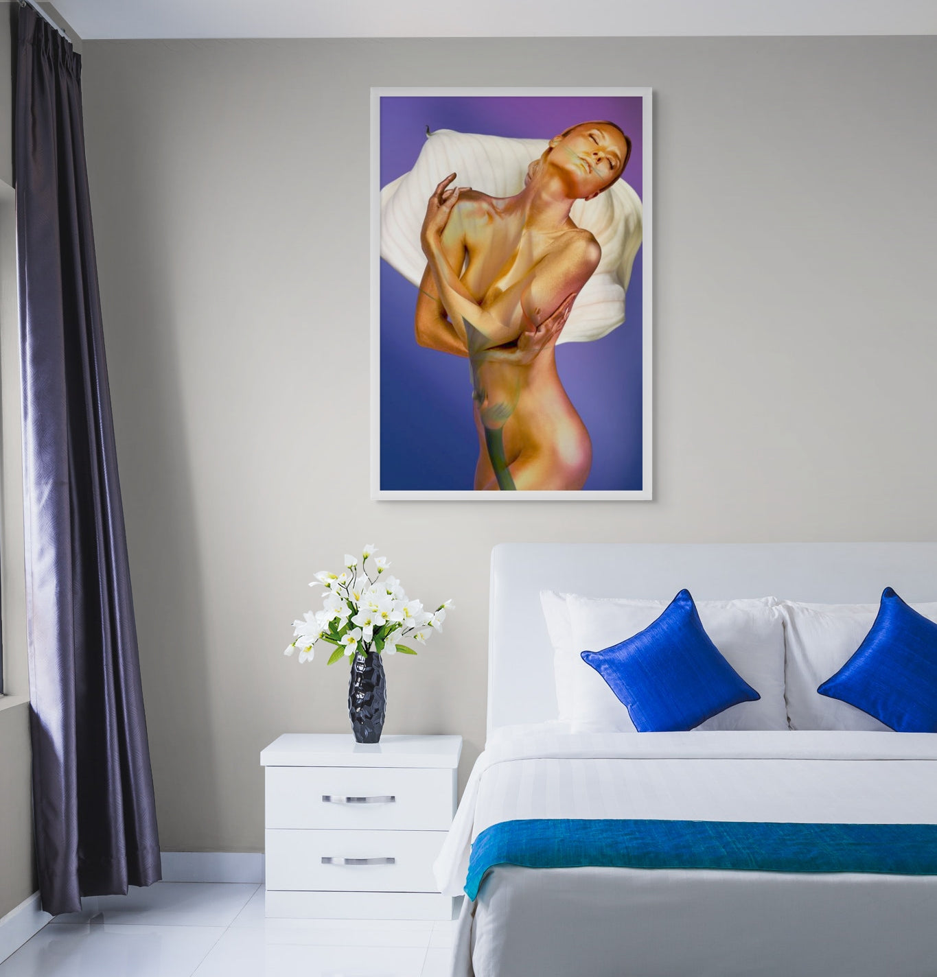 Golden silhouette with white lily by Zack Zublena, contemporary fine art photography, luxury gold-painted wall art celebrating divine feminine beauty, spiritual rebirth, serene elegance and soft awakening.