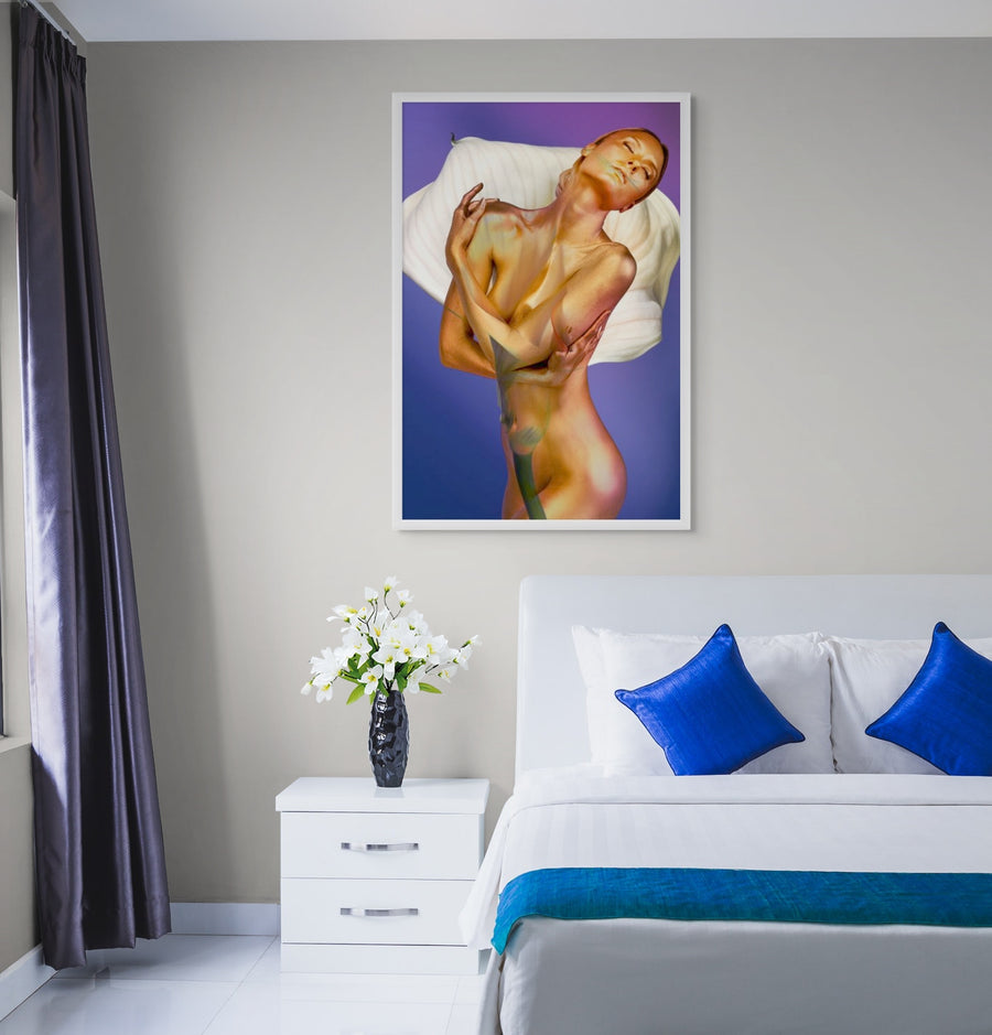 Golden silhouette with white lily by Zack Zublena, contemporary fine art photography, luxury gold-painted wall art celebrating divine feminine beauty, spiritual rebirth, serene elegance and soft awakening.