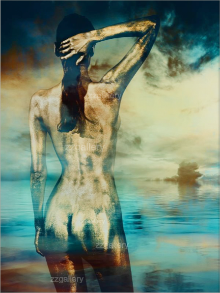 Golden-painted silhouette seen from behind, standing by the ocean with hand in hair, blending into a surreal dreamscape sky and water reflection, fine art photography by Zack Zublena.