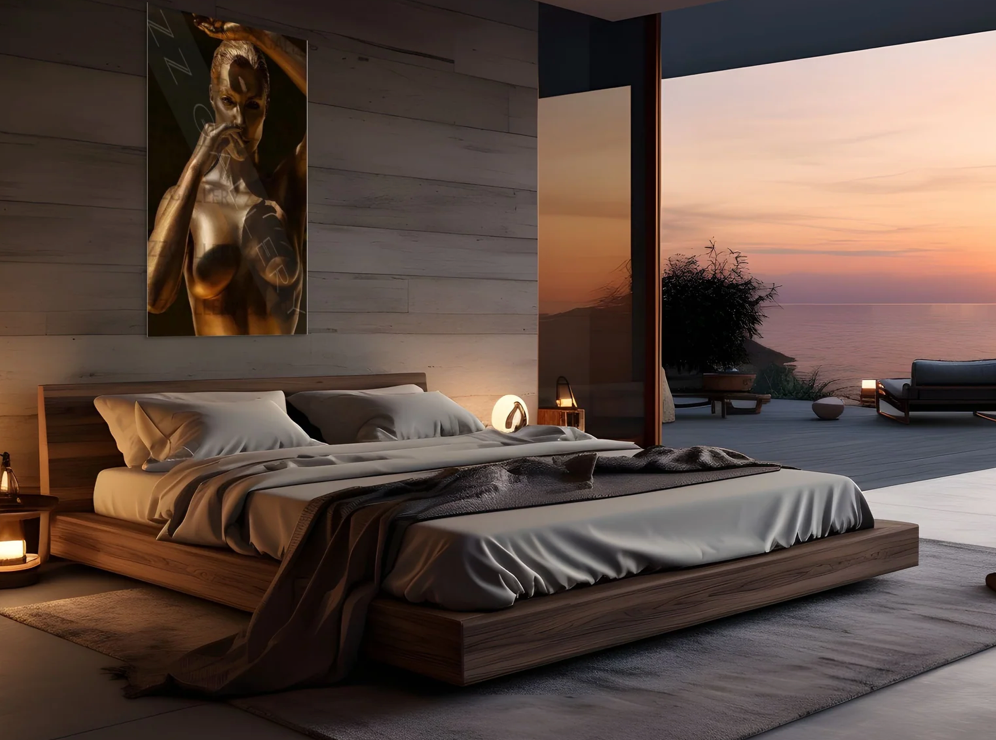 Golden-painted female portrait by Zack Zublena, fine art photography radiating feminine energy, elegance, and sacred light — ideal for luxury interiors, spa retreats, meditation rooms, and contemporary collections.