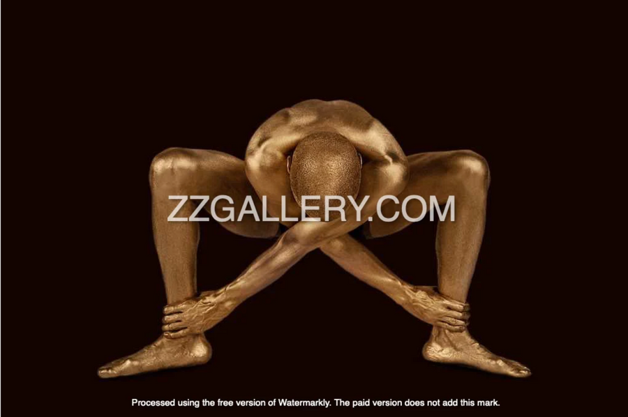 Golden nude squat yoga pose fine art photography – luxury wall art for wellness, meditation rooms, and contemporary interiors