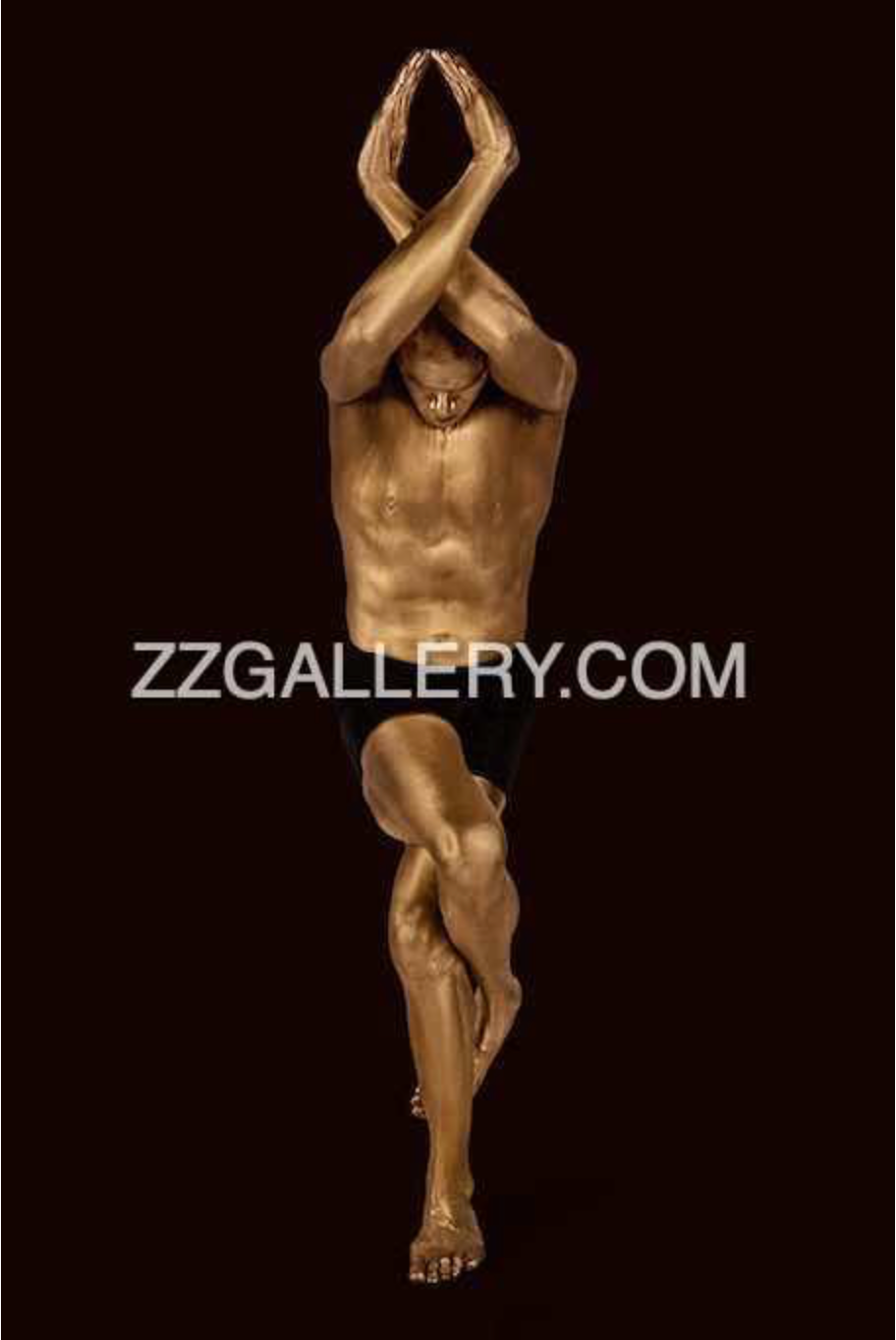 Golden nude standing yoga pose fine art photography on dark background – luxury gold wall art for meditation, wellness studios, spas, and modern interiors