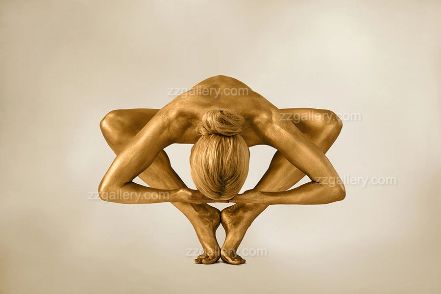 Gold-painted nude woman in powerful yoga star pose, spiritual and sculptural fine art wall decor.