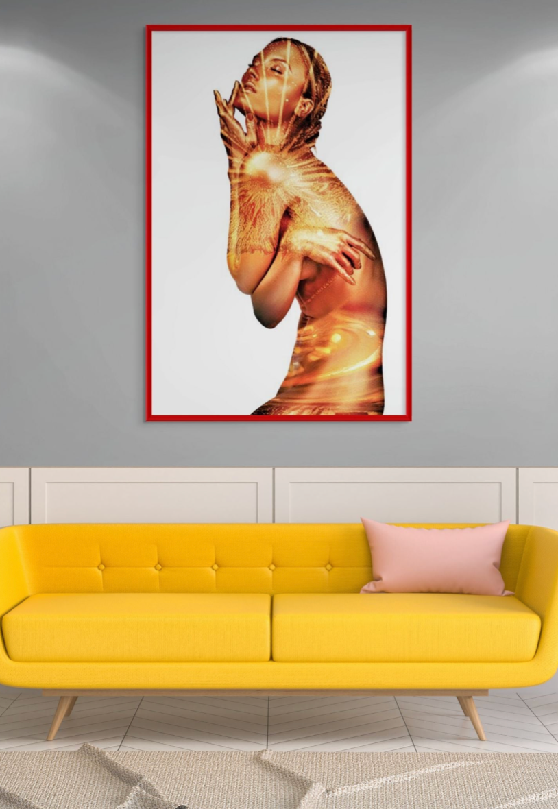 Golden-painted figure with sunburst energy radiating from her chest, fine art wall decor blending sensuality and spirituality, symbolizing light, power, and divine essence.