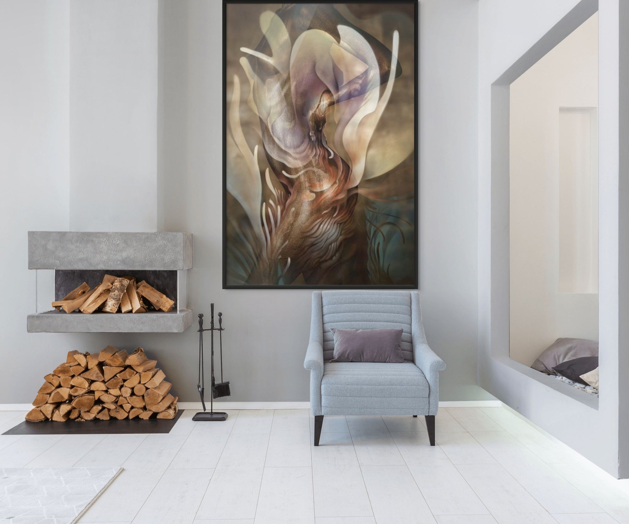 Golden surreal abstract painting with ethereal forms blending body and spirit, representing ascension and cosmic energy — modern luxury wall art for bold interiors.