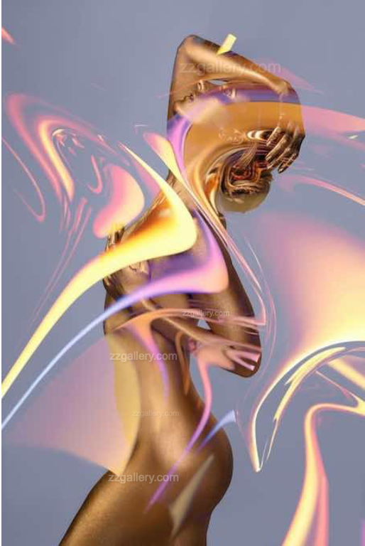 Golden-painted figure in surreal abstract light waves – contemporary fine art wall photography symbolizing elegance, movement, and transformation. Perfect for luxury interiors, spas, and collector wall art.