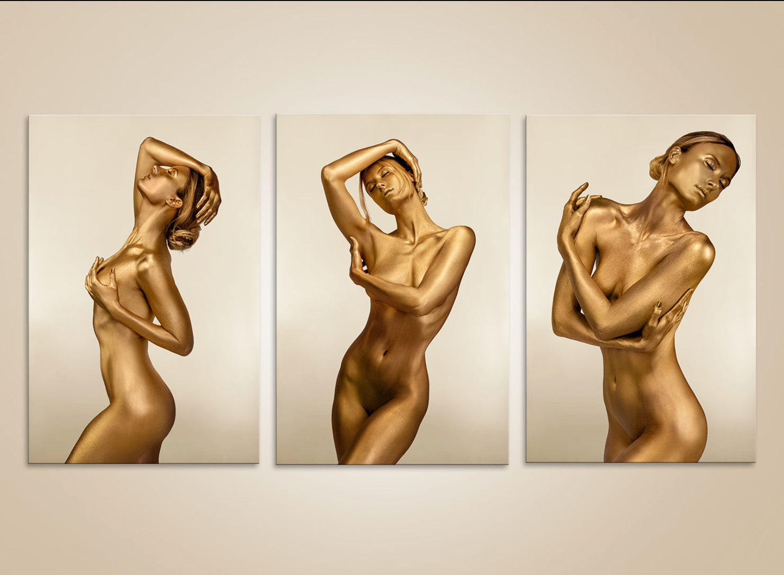 Golden triptych artwork on museum-grade paper, designed for luxury hotels, spas, collectors, and contemporary interiors.
