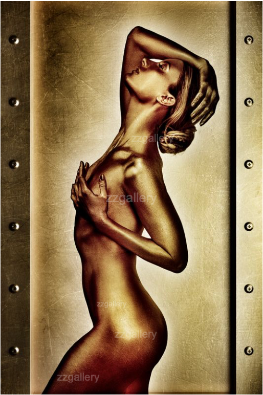 Gold-painted female figure in an elegant silhouette pose with dramatic lighting, luxury fine art wall photography by Zack Zublena.