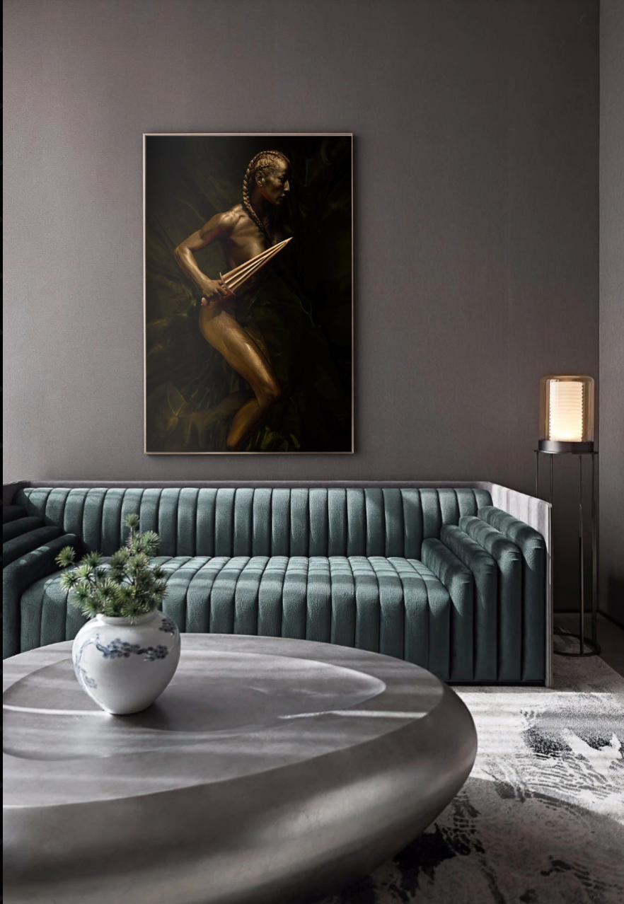 Golden-painted female figure captured in profile with braided hair, symbolizing strength, sensuality, and sacred feminine power — luxury fine art wall decor.