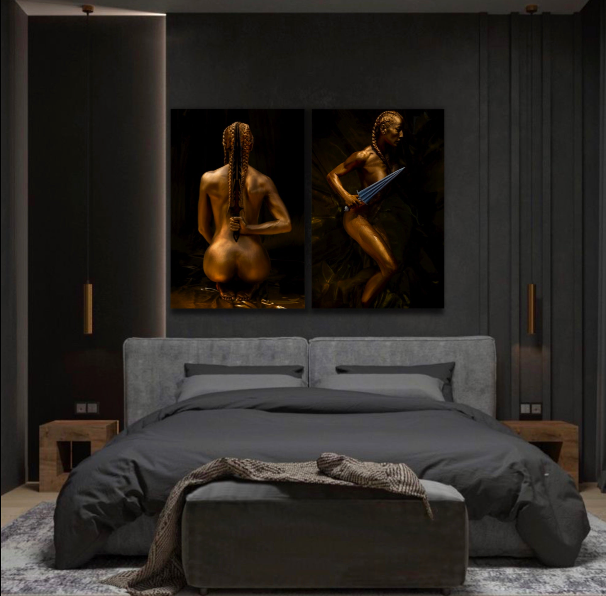 Luxury bedroom interior with two-panel golden-painted warrior figures artwork, braided hair and decorative sword element, fine art photography wall decor.