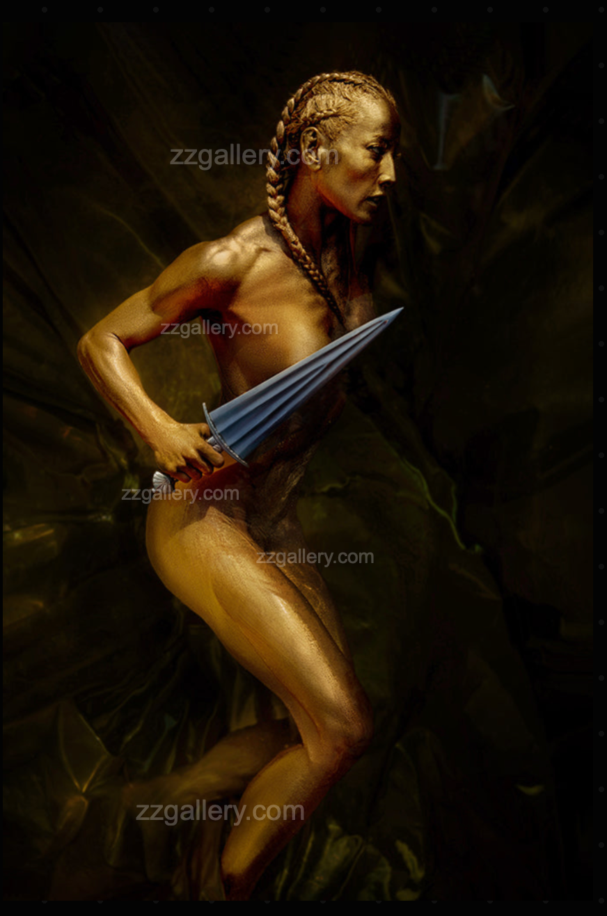 Golden-painted figure female  in side profile holding a dagger in a poised motion stance, symbolizing readiness, feminine resilience, and sacred defense.