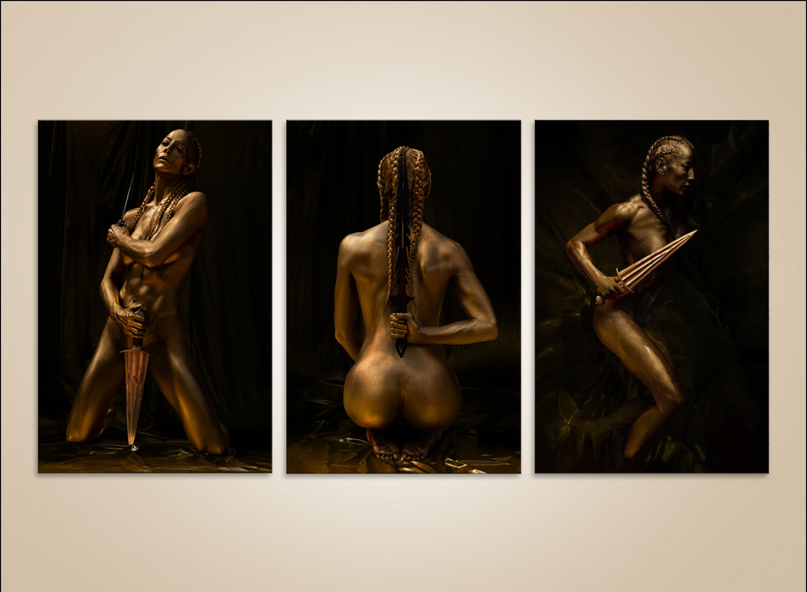 Golden braided figure seated back view, dagger in hand, feminine strength, sacred body art print