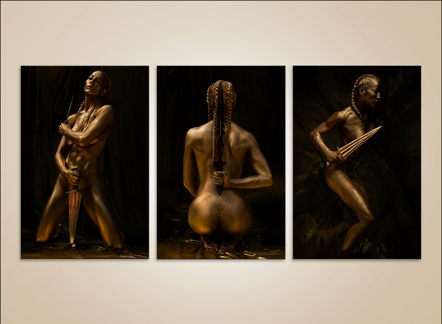Golden braided figure seated back view, dagger in hand, feminine strength, sacred body art print