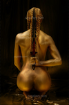 Golden-painted nude woman kneeling with braids and a sword held behind her back, symbolizing sacred strength, warrior goddess energy, and feminine power. Bright sword.