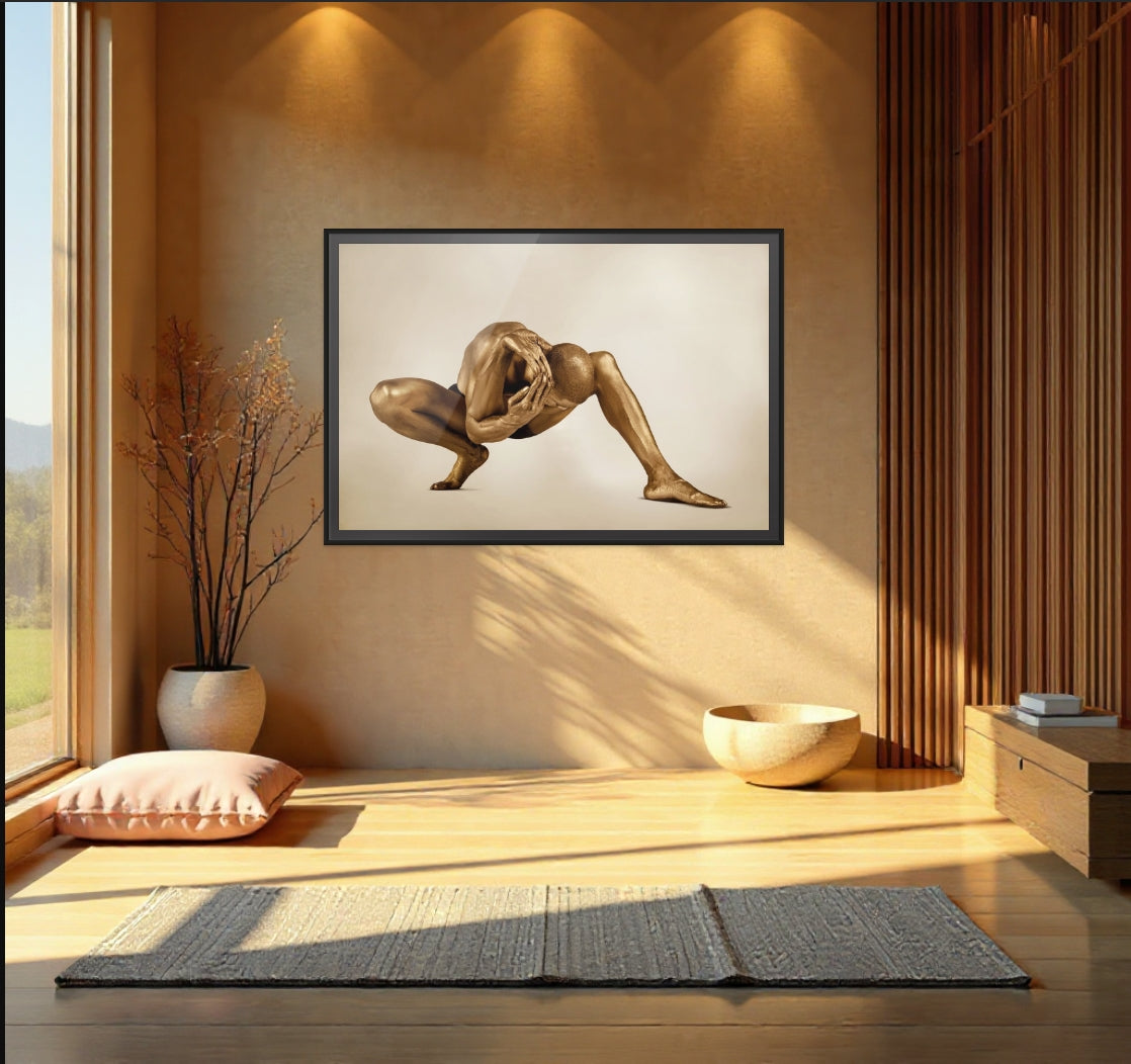Golden-painted male figure in a crouched pose, head lowered and hands framing the skull, featured in Zack Zublena’s fine art photography Wheel of Life collection.