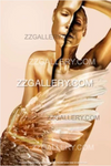Gold-painted nude woman with split face and angel wing, symbolizing duality and ascension