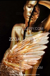 Gold-painted woman with split face and feathered wing, emerging from darkness into radiant spiritual light