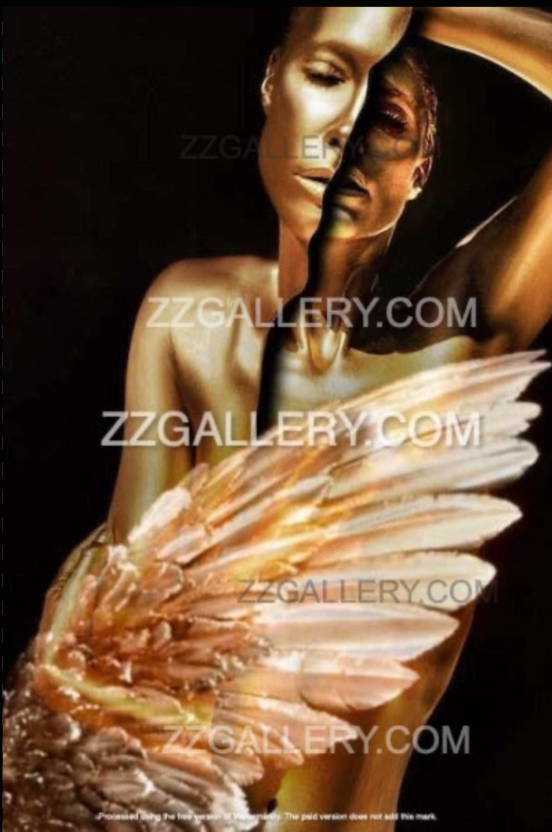Gold-painted nude woman with split face and angel wing, symbolizing duality and ascension