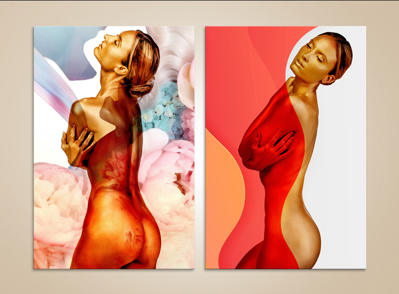 Golden woman diptych artwork, fine art photography with gold-painted body and abstract floral background for luxury interiors.