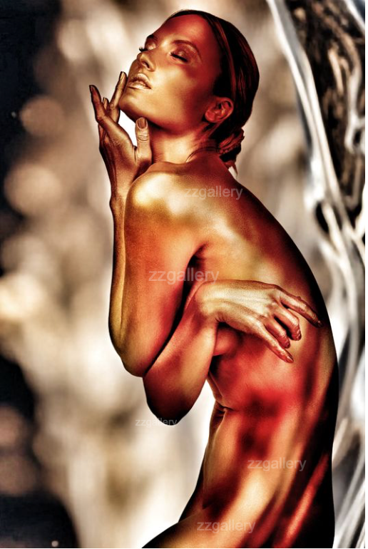 Golden-painted female figure in dramatic lighting, contemporary fine art photography highlighting elegance, beauty, and body expression by ZZGallery. Luxury wall decor.
