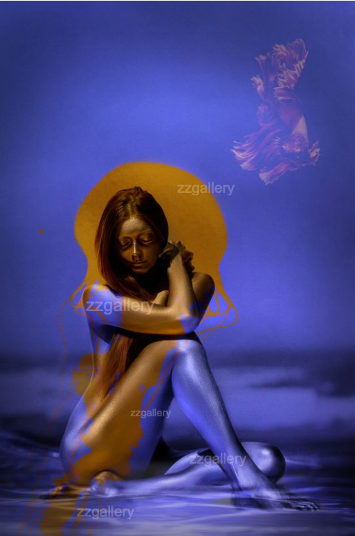 Golden woman sitting in a surreal blue background with artistic golden accents, fine art photography by ZZGallery.