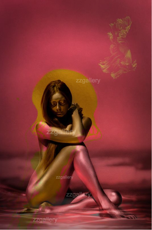 Pop art style fine art photography of Virgin Mary in gold tones against a pink background, presented as contemporary wall art for modern interiors. inspired by tv show The Chosen.