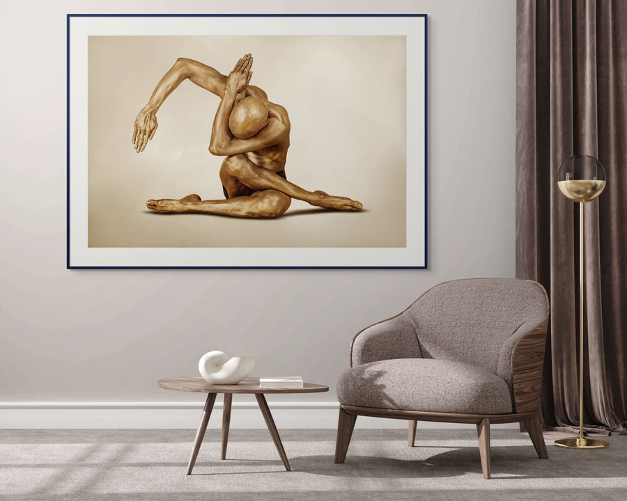 Golden-painted male figure captured in an elegant side-stretch yoga pose, symbolizing strength, mindfulness, and balance — fine art wall decor for meditation rooms, yoga studios, luxury interiors, and contemporary living spaces.