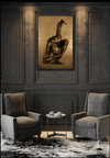Golden-painted yoga fine art photography by Zack Zublena displayed in a luxury interior mockup with elegant chairs and dark wall paneling