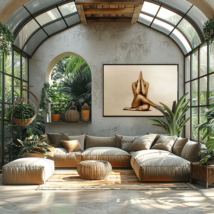 Gold-painted yoga artwork displayed in a luxury spa-style lounge with arched windows, greenery, and a natural bohemian atmosphere.