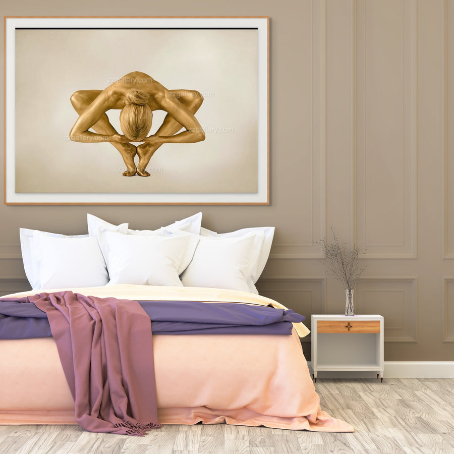 Golden-painted figure in a yoga balance pose, contemporary fine art photography wall decor by Zack Zublena.