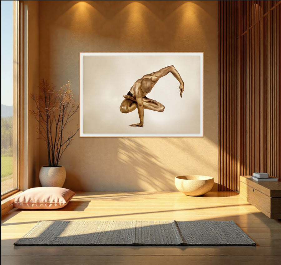 Golden-painted male figure performing an elegant one-arm balance pose with sculptural precision, highlighting strength, focus, and harmony — contemporary fine art photography by Zack Zublena, perfect for luxury interiors, yoga studios, spas, and wellness spaces.