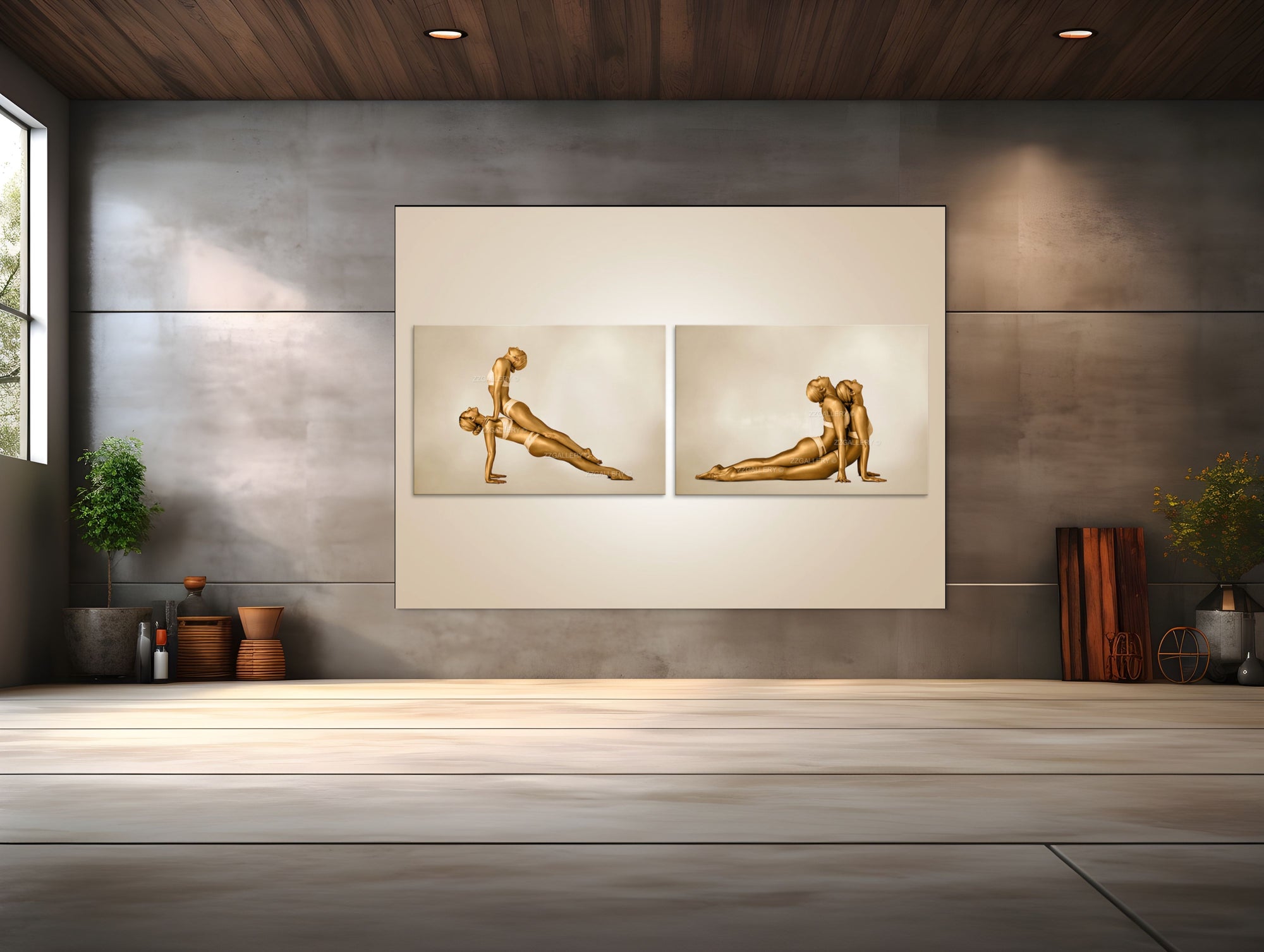 Golden yoga couple fine art diptych by Zack Zublena, featuring two figures painted in gold performing acro yoga partner poses, symbolizing balance, intimacy, and spiritual harmony.