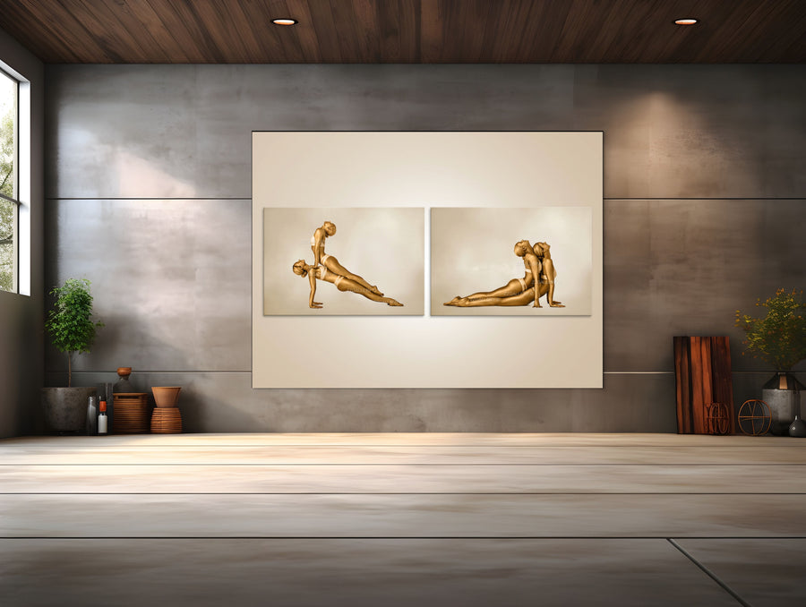 Golden yoga couple fine art diptych by Zack Zublena, featuring two figures painted in gold performing acro yoga partner poses, symbolizing balance, intimacy, and spiritual harmony.