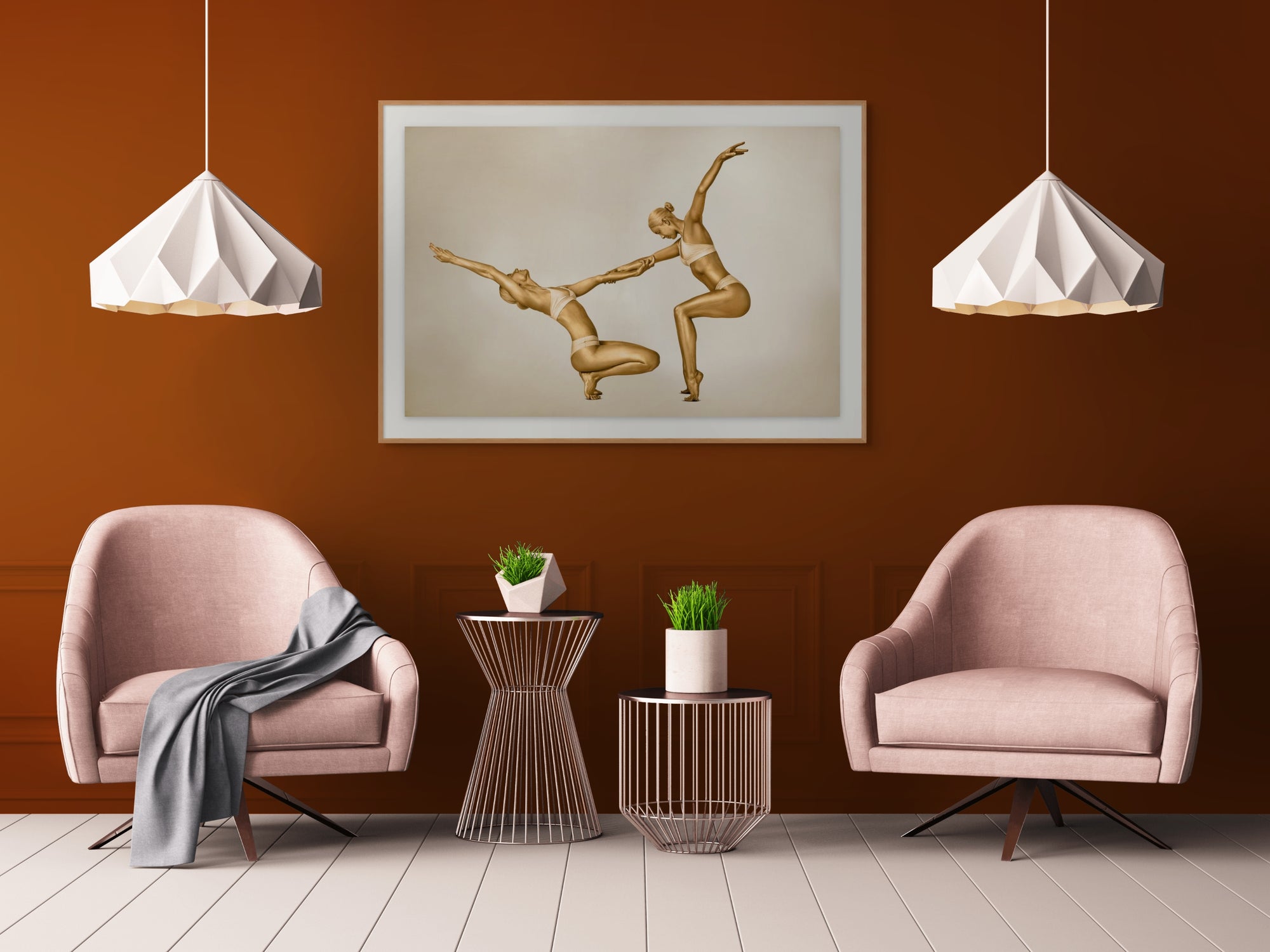Dance of Balance. Fine art photograph of two golden-painted women in a partner yoga pose, balancing in harmony. This elegant artwork symbolizes trust, flexibility, and feminine strength, making it ideal wall decor for luxury interiors, yoga studios, meditation rooms, and modern design spaces.