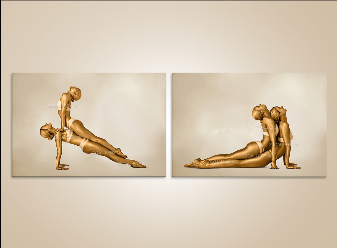 Golden yoga duo wall art – luxury fine art photography diptych for modern interiors and wellness spaces.