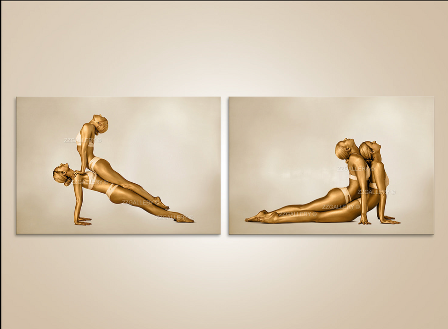 Golden yoga couple fine art diptych by Zack Zublena, featuring two figures painted in gold performing acro yoga partner poses, symbolizing balance, intimacy, and spiritual harmony.