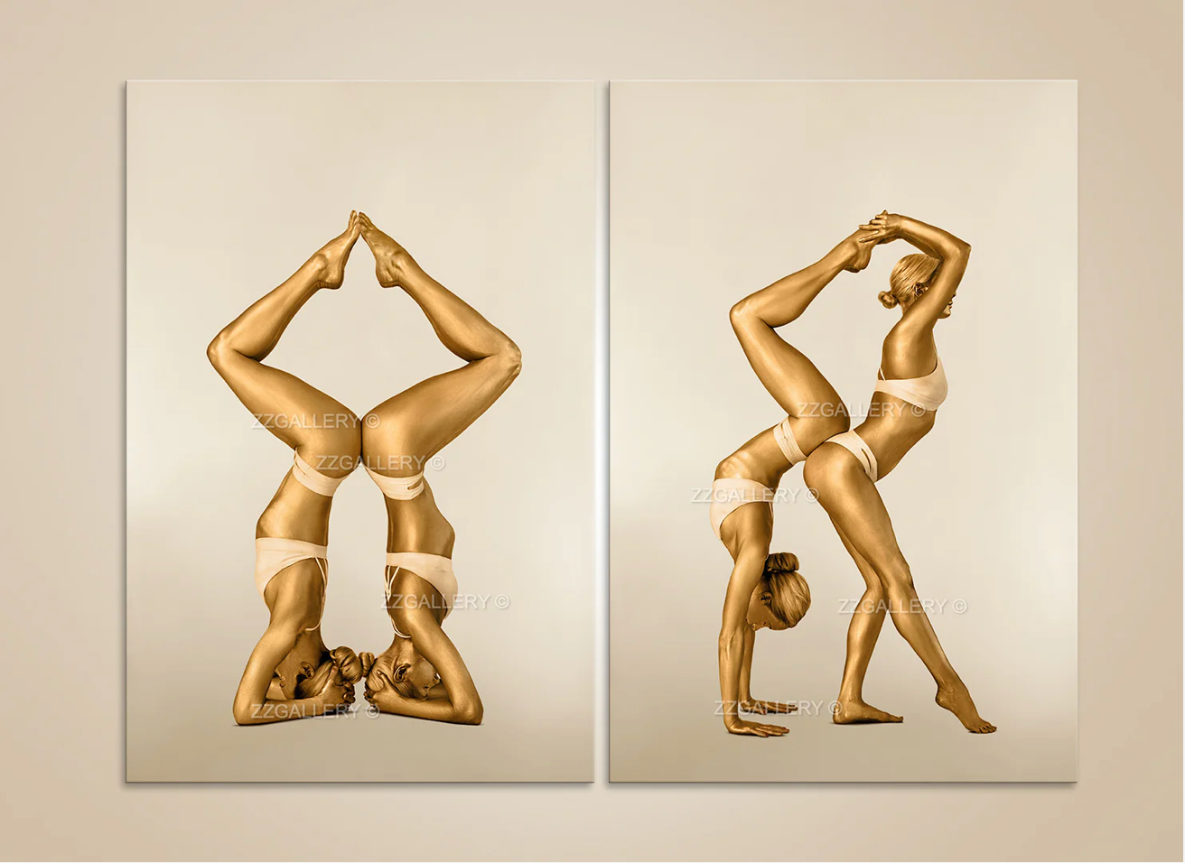 Golden yoga duo wall art diptych – fine art photography with gold-painted figures in elegant yoga poses for luxury interiors and wellness spaces.