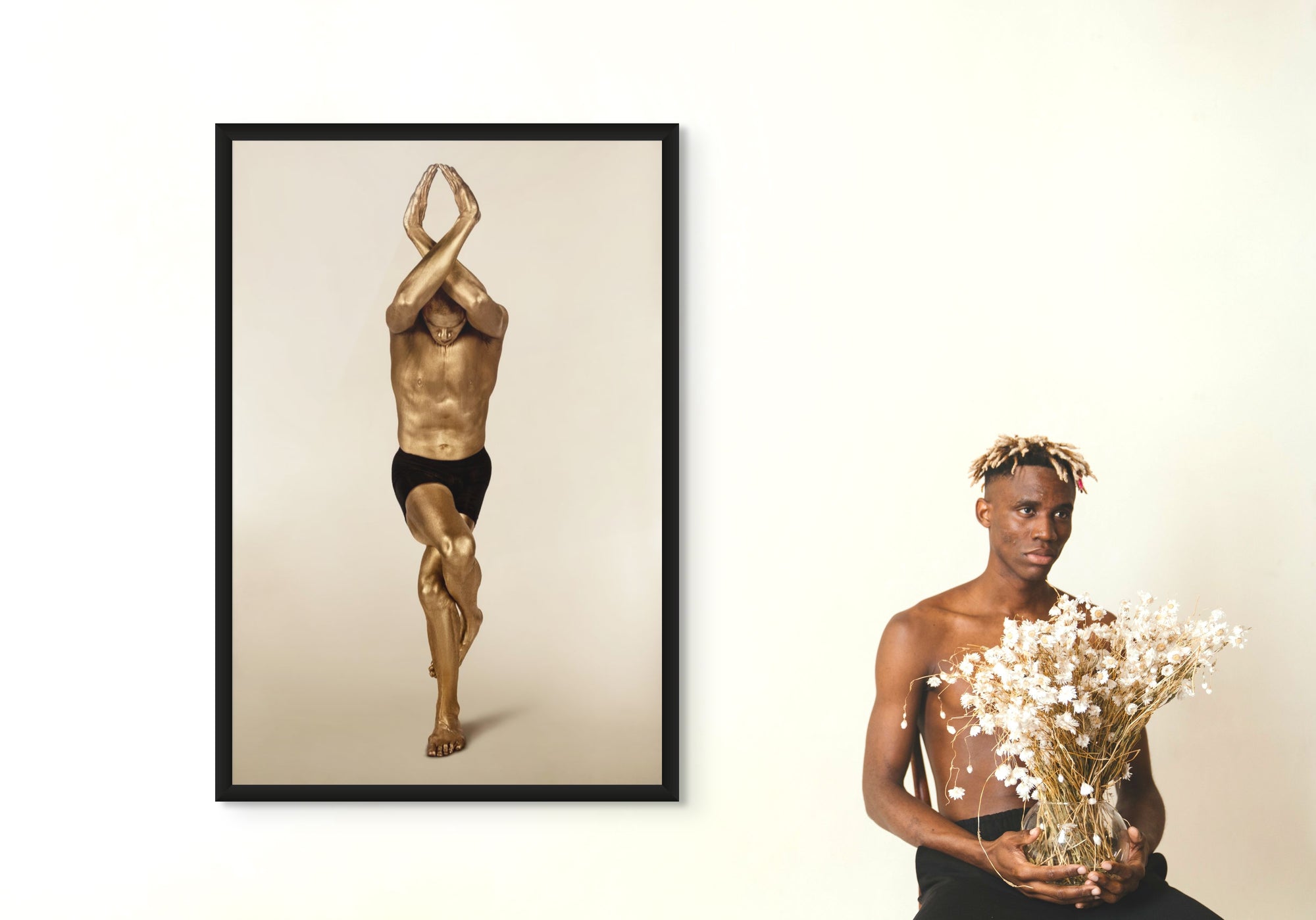 Golden-painted male body in eagle yoga pose with arms crossed above head, luxury fine art wall decor for modern minimalist interiors, wellness studios, and meditation rooms.