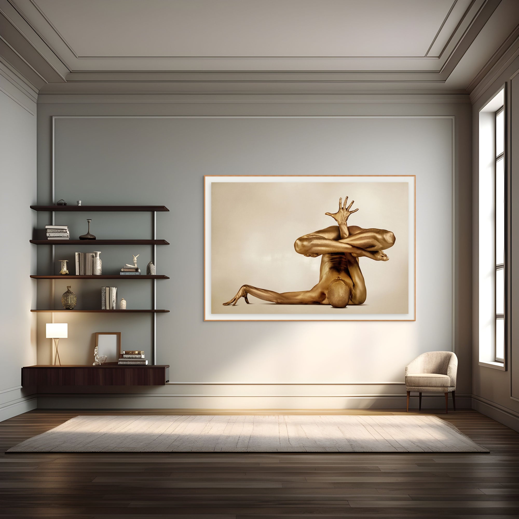 Golden body-painted figure in an intricate yoga pose with one arm raised and legs interlaced, contemporary fine art photography by Zack Zublena, displayed in an elegant modern living room.