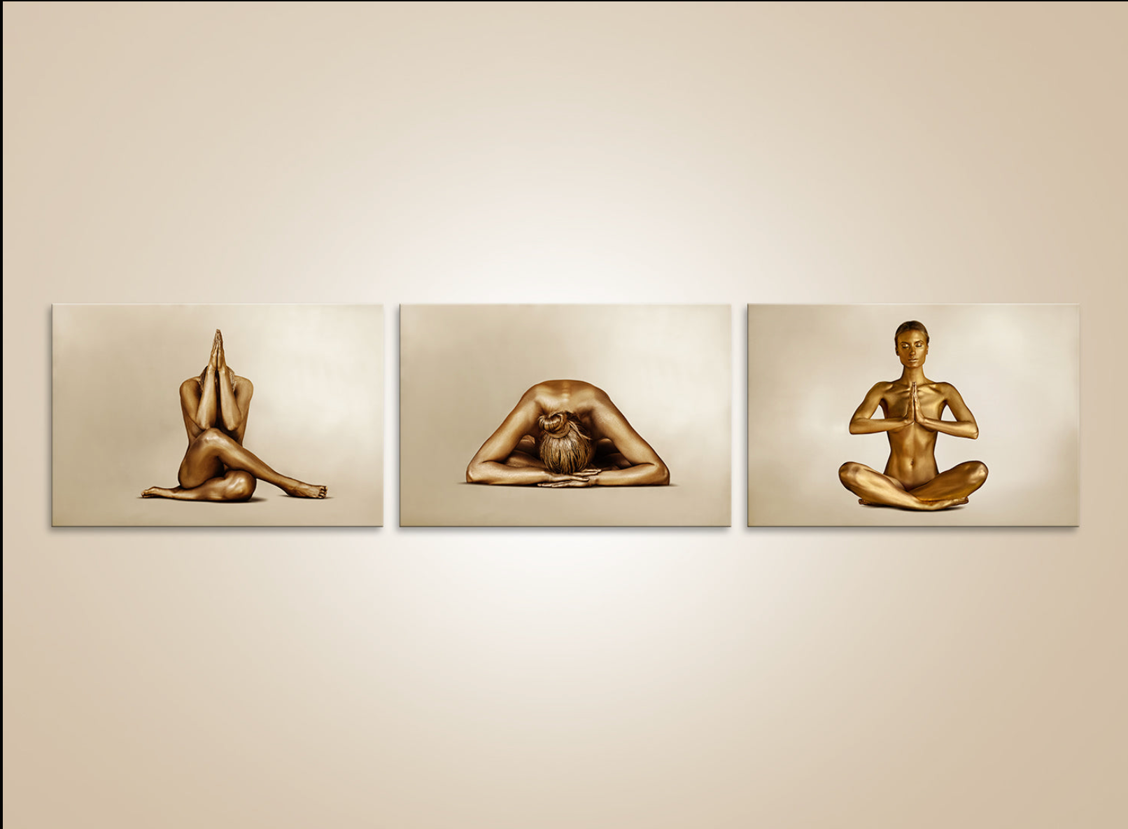 Golden yoga triptych wall art – luxury fine art photography for wellness, spas, and meditation spaces
